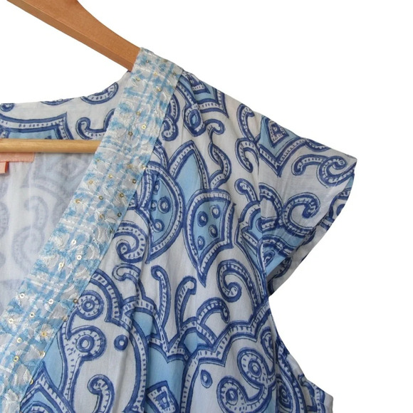 Azure Indigo Blue White Dress Small Blockprint Short Sleeves Tassel Sides Boho - Picture 4 of 11